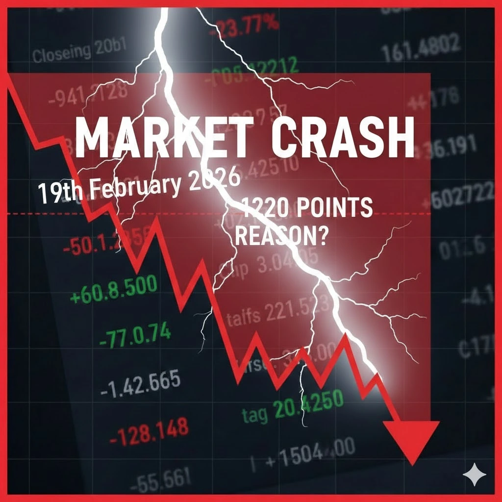 Sensex ends 1,200 points lower- शेयर बाजार में गिरावट का ग्राफ जिसमें लाल रंग की नीचे गिरती रेखा और बड़े अक्षरों में CRASH लिखा हुआ है।