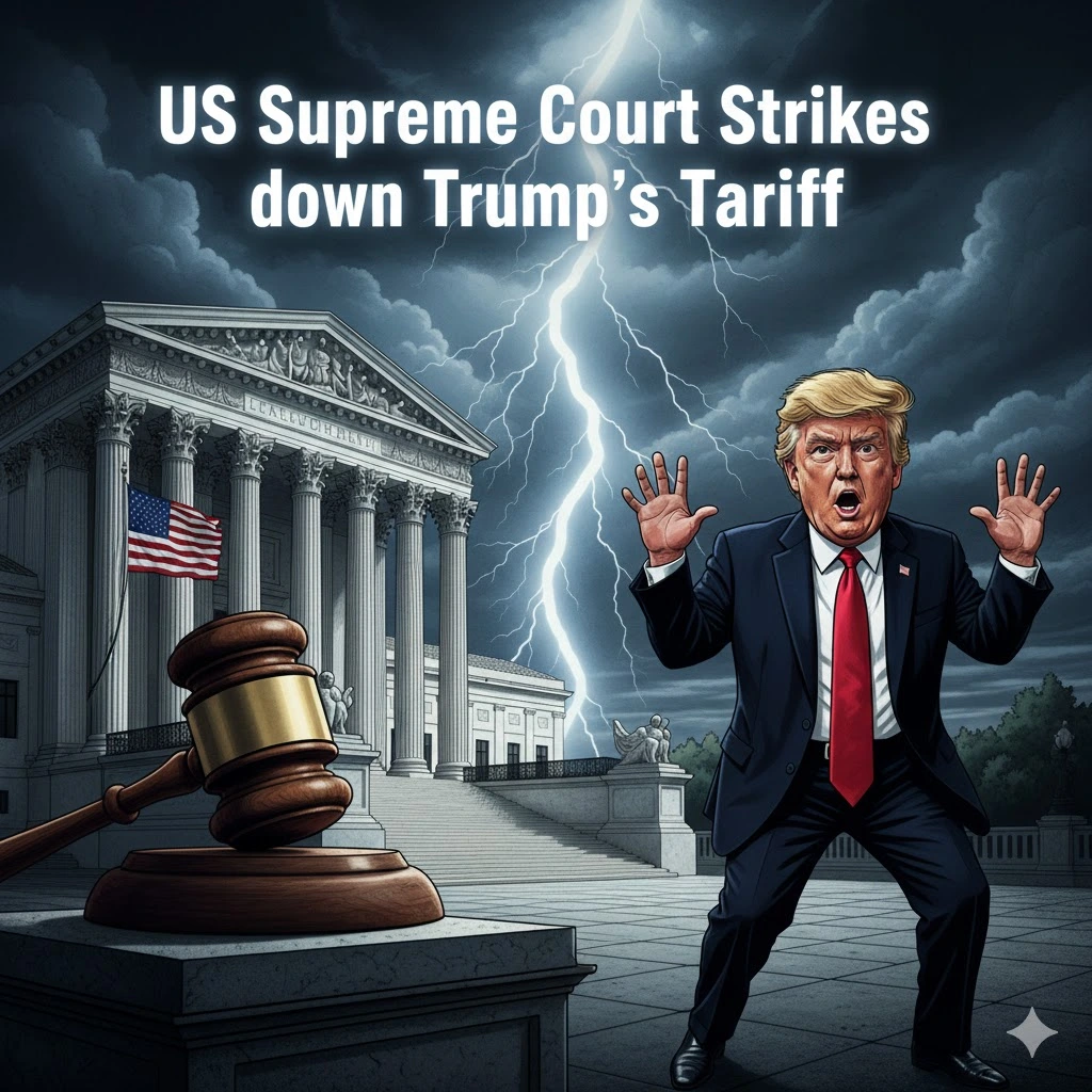 अमेरिकी सुप्रीम कोर्ट की इमारत और डोनाल्ड ट्रंप की तस्वीर के साथ 'Tariff Strike Down' का ग्राफिकल पोस्टर।