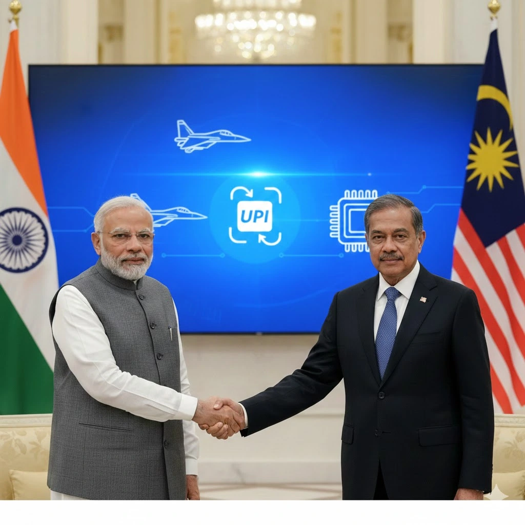 Prime Minister Narendra Modi and Malaysian PM Anwar Ibrahim shaking hands with digital icons of Sukhoi jet, Semiconductor chip, and UPI