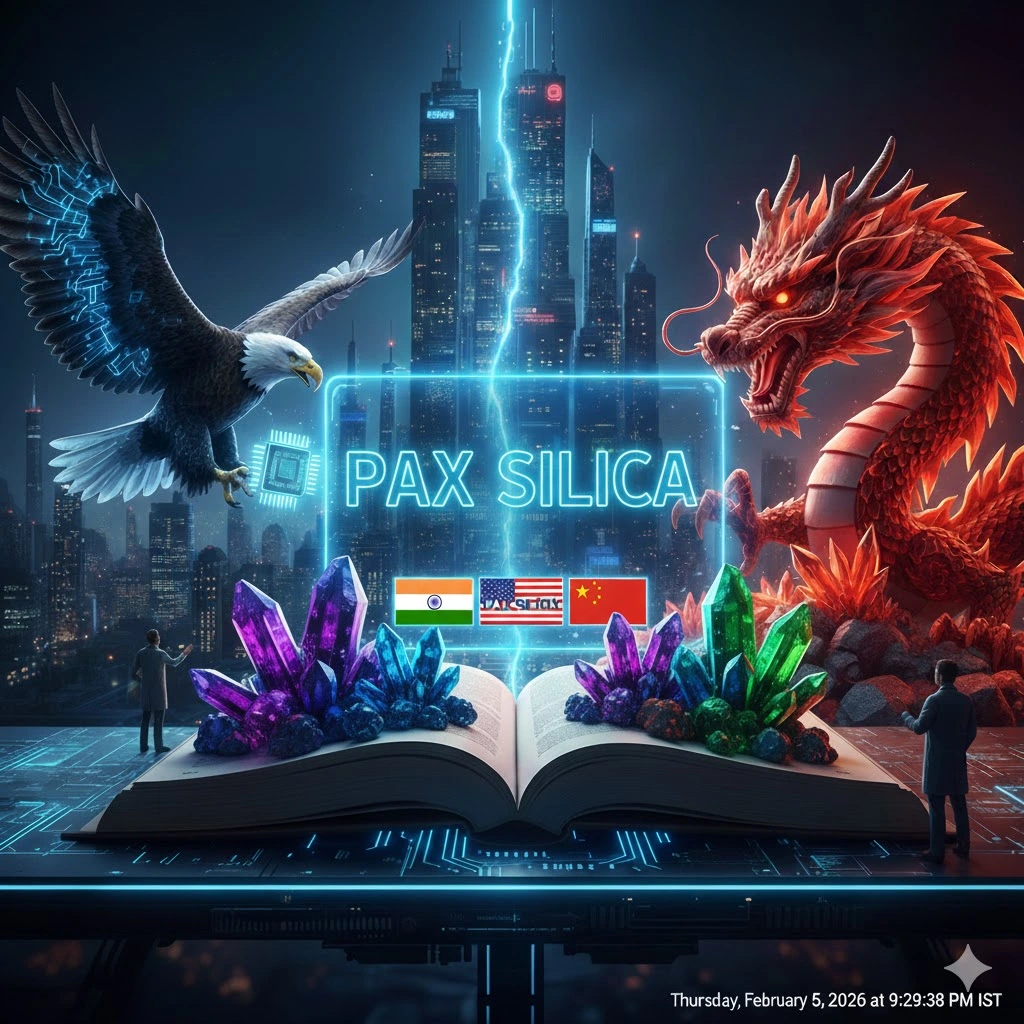 India America and China flags with rare earth minerals representing Pax Silica initiative and global semiconductor chip war.