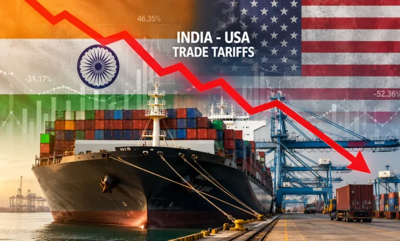 Indian cargo ship and container port representing US India trade tariff impact 2026
