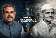 Split screen illustration comparing Indian Education Minister Dharmendra Pradhan with historical leader Lal Bahadur Shastri representing moral responsibility and exam reforms.