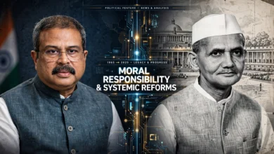 Split screen illustration comparing Indian Education Minister Dharmendra Pradhan with historical leader Lal Bahadur Shastri representing moral responsibility and exam reforms.