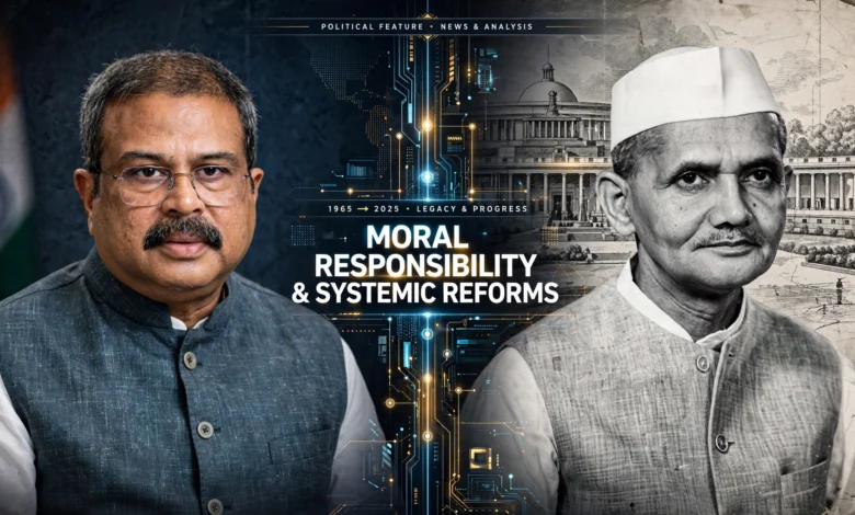Split screen illustration comparing Indian Education Minister Dharmendra Pradhan with historical leader Lal Bahadur Shastri representing moral responsibility and exam reforms.