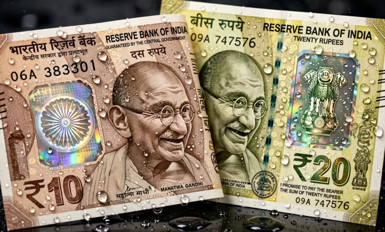 भारत में जारी होने वाले 10 और 20 रुपये के प्लास्टिक (पॉलीमर) नोटों का प्रतीकात्मक चित्र